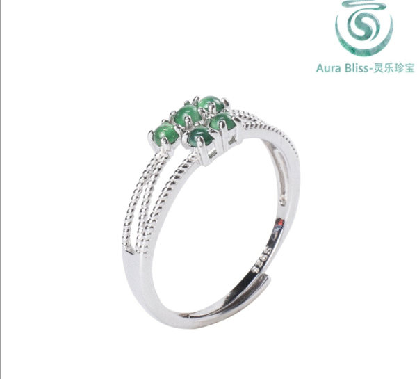 Natural A-Grade Jadeite Dark Green Five-Bead Ring, Simple 925 Sterling Silver Band, Fashionable Women’s Ring