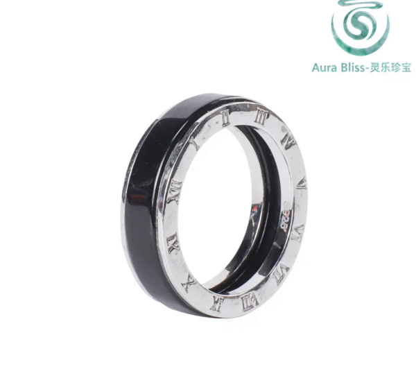 Silver-set natural A-grade jadeite and black jade ring, square jade fashion ring, adjustable