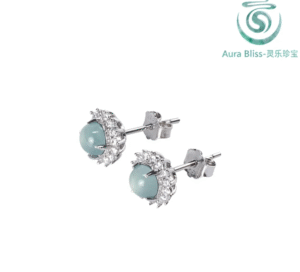 1 Genuine Natural A-Grade Jadeite Blue Water Stud Earrings, Icy Jade Silver Inlay, Fashionable High-End Women’s Jewelry