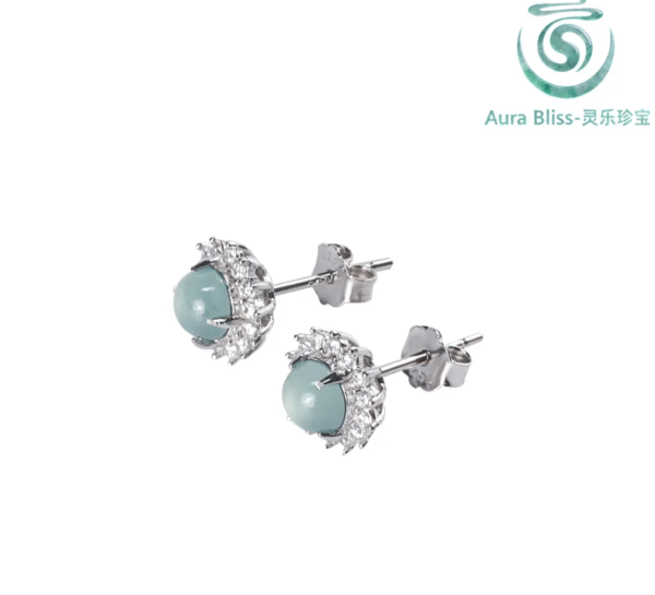 1 Genuine Natural A-Grade Jadeite Blue Water Stud Earrings, Icy Jade Silver Inlay, Fashionable High-End Women’s Jewelry