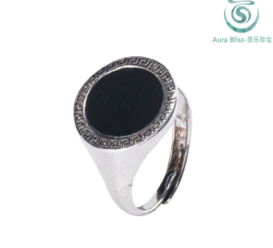 1 Natural Jadeite A-Grade Black Jade Round Ring,Simple 925 Sterling Silver Band, High-End, Elegant, Adjustable, Men's Ring