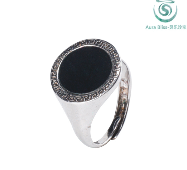 1 Natural Jadeite A-Grade Black Jade Round Ring,Simple 925 Sterling Silver Band, High-End, Elegant, Adjustable, Men's Ring