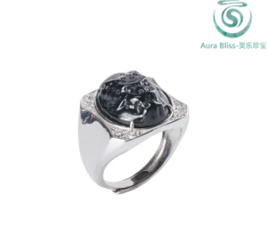 1 Natural Ink Jade A-Grade Jadeite Dragon Head Ring, Silver Inlaid Icy Jade, Stylish Men's Adjustable Ring