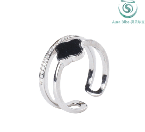 Natural Ink Jade A-Grade Jade Clover Ring with Silver Setting, Fashionable Women's Adjustable Jade Ring